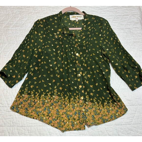 Lauren Moffatt Blouse Womens S green floral Silk Print Snap Prairie Cottagecore - Picture 5 of 11